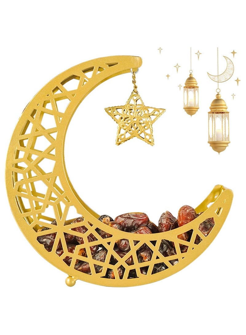 Jorunb Eid Plate Ramadan Decoration，Moon Star Dinner Plate Tray Ramadan Decoration,Eid Mubarak Moon Star Serving Tray Tableware Dessert Food Storage Container Ramadan Muslim Islamic Party Supply（Gold） - Image 1