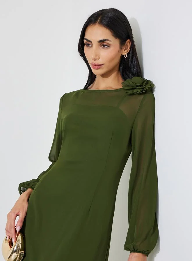 ستايلي Green Solid A-Line Midi Dress with Floral Shoulder Detail