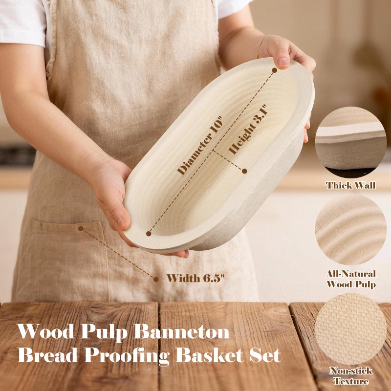 Risecret Non-Stick 10" Oval Wood Pulp Banneton Bread Proofing Basket Set Of 2 With Aliquot Jar, Sourdough Banneton Basket Set, Bread Making Tool Brotform Sourdough Bread Baking Supplies - Image 2