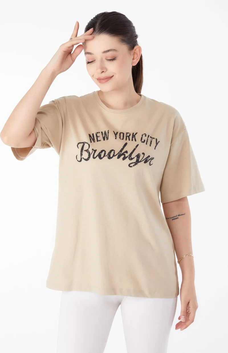 Tofisa Plain Crew Neck Women's Mink Printed Short Sleeve T-Shirt - 25386