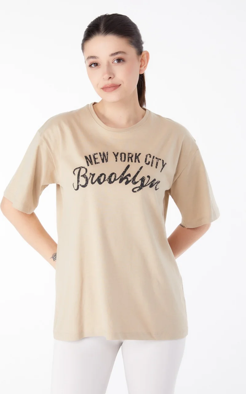 Tofisa Plain Crew Neck Women's Mink Printed Short Sleeve T-Shirt - 25386
