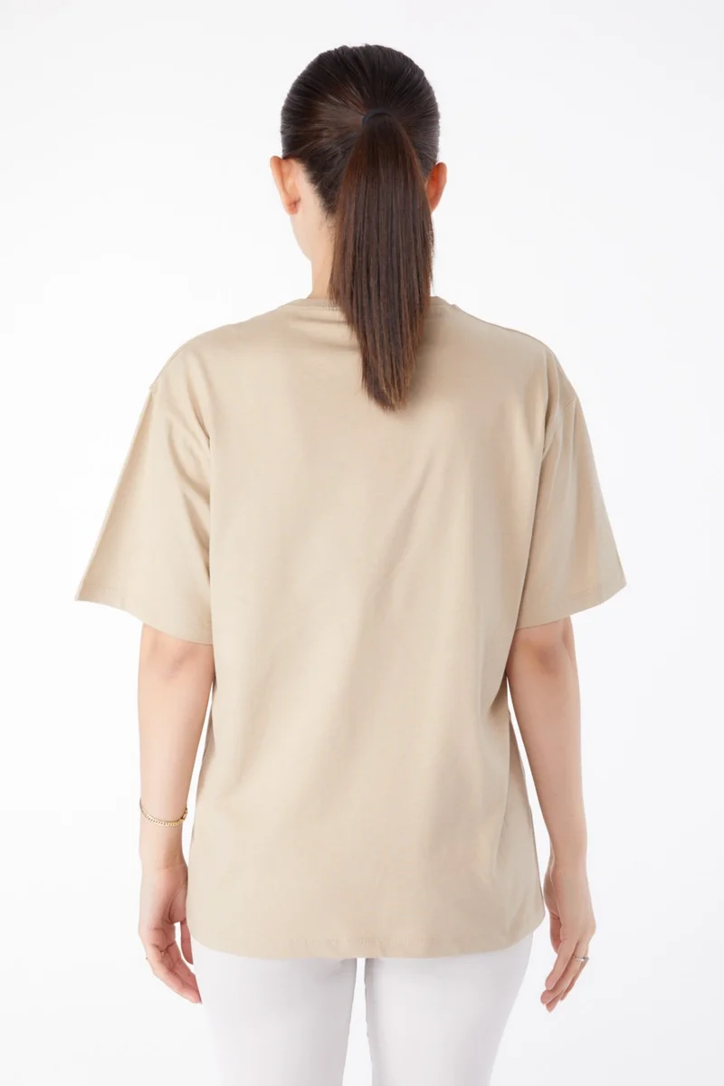 Tofisa Plain Crew Neck Women's Mink Printed Short Sleeve T-Shirt - 25386