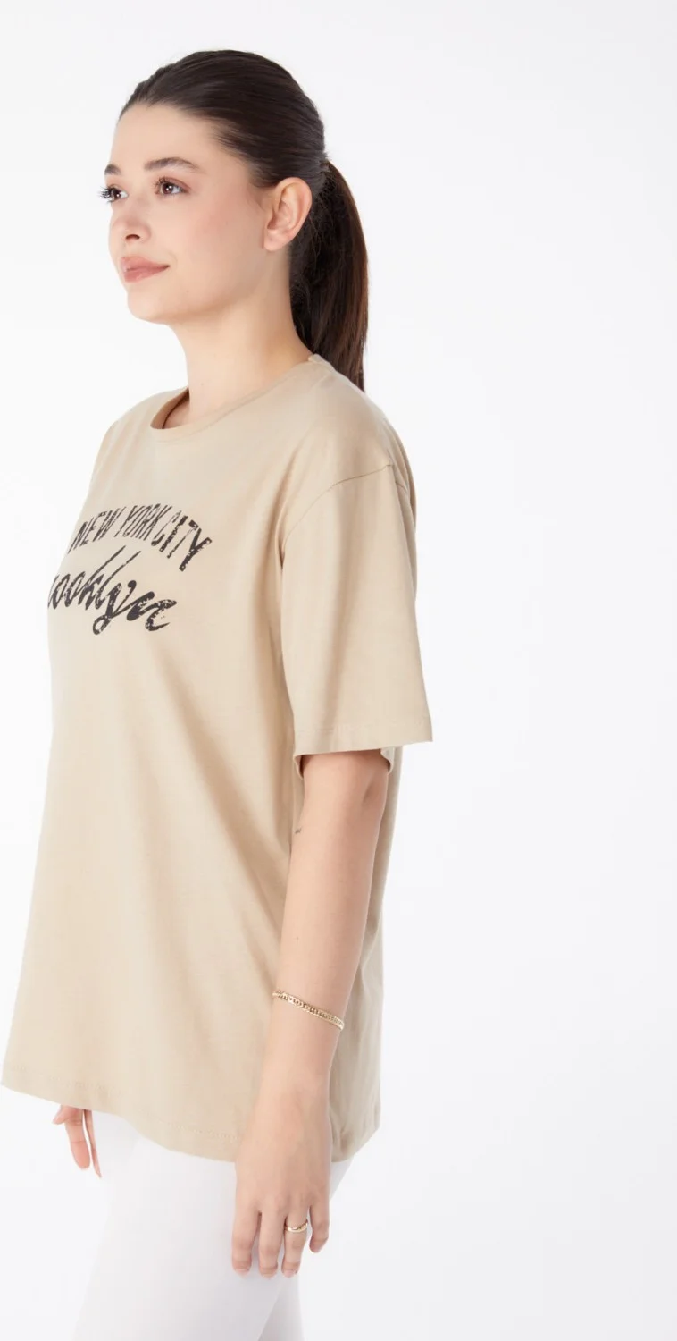 Tofisa Plain Crew Neck Women's Mink Printed Short Sleeve T-Shirt - 25386