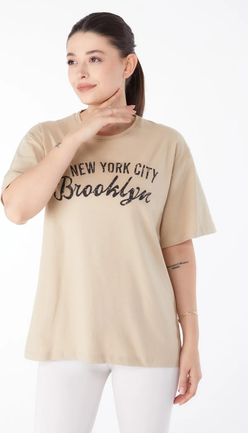 Tofisa Plain Crew Neck Women's Mink Printed Short Sleeve T-Shirt - 25386