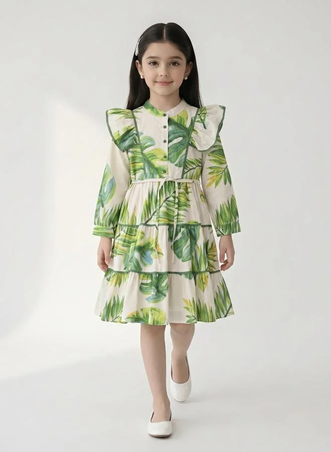 Bella Moda Girls Geometric Print Cotton Tiered Dress with Puff Sleeves