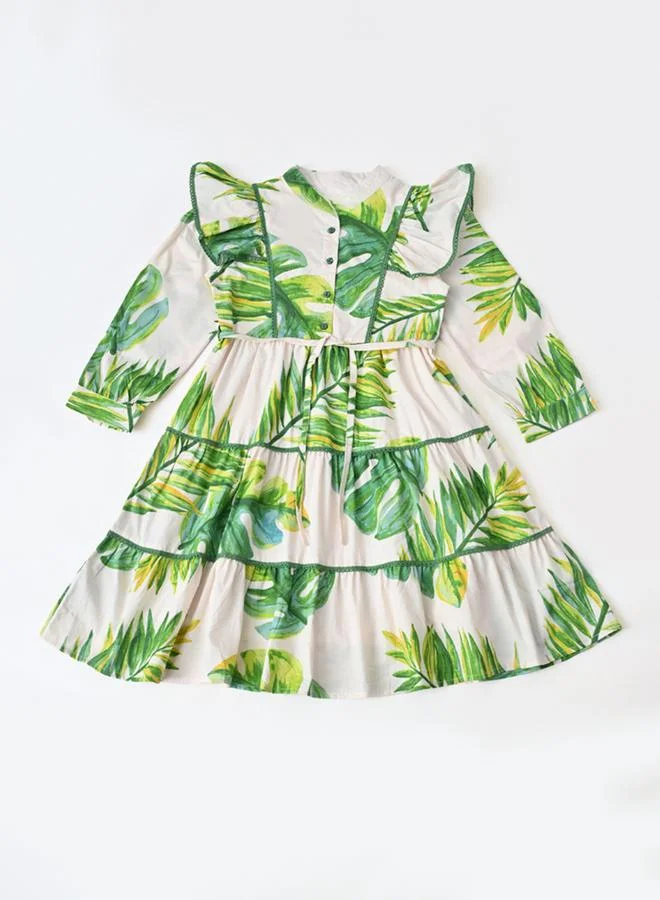 Bella Moda Girls Geometric Print Cotton Tiered Dress with Puff Sleeves