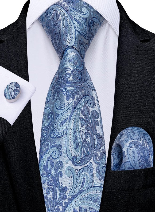 DiBanGu Light Blue Ties for Men Paisley Necktie Silk Jacquard Woven Pocket Square Cufflinks Wedding Ties for Tuxedo - Image 2