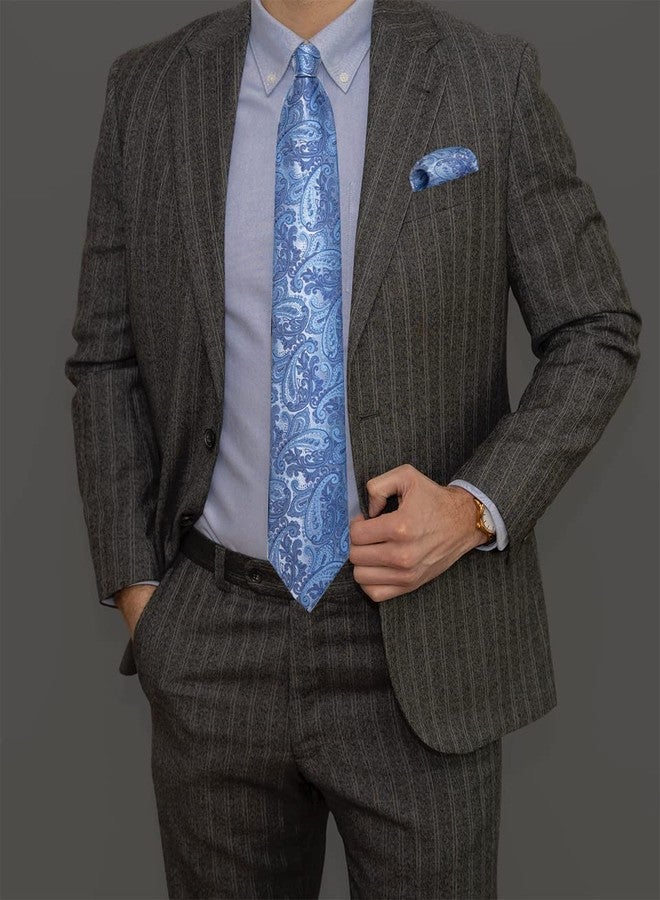 DiBanGu Light Blue Ties for Men Paisley Necktie Silk Jacquard Woven Pocket Square Cufflinks Wedding Ties for Tuxedo - Image 3