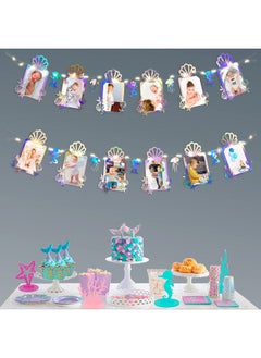 Iridescent Mermaid Theme Photo Banner Jellyfish SeaShell Starfish Photograph Bunting with LED String Light for Little Mermaid Under The Sea Baby Kid Birthday Bachelorette Anniversary Party Decorations