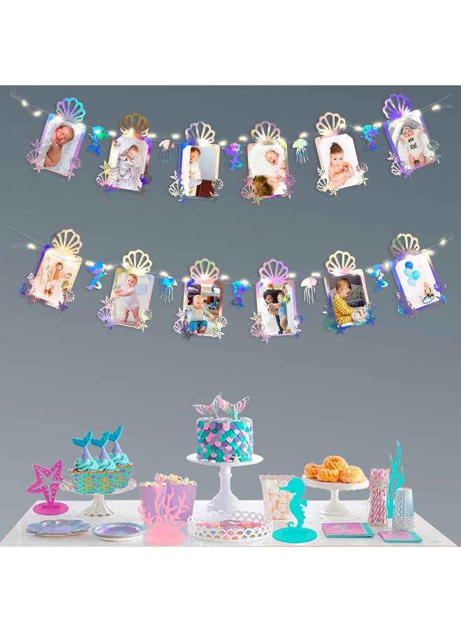 pinkblume - Iridescent Mermaid Theme Photo Banner Jellyfish SeaShell Starfish Photograph Bunting with LED String Light for Little Mermaid Under The Sea Baby Kid Birthday Bachelorette Anniversary Party Decorations - Image 1