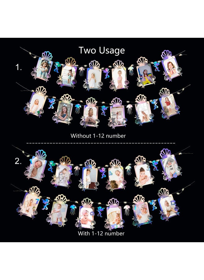 pinkblume - Iridescent Mermaid Theme Photo Banner Jellyfish SeaShell Starfish Photograph Bunting with LED String Light for Little Mermaid Under The Sea Baby Kid Birthday Bachelorette Anniversary Party Decorations - Image 1