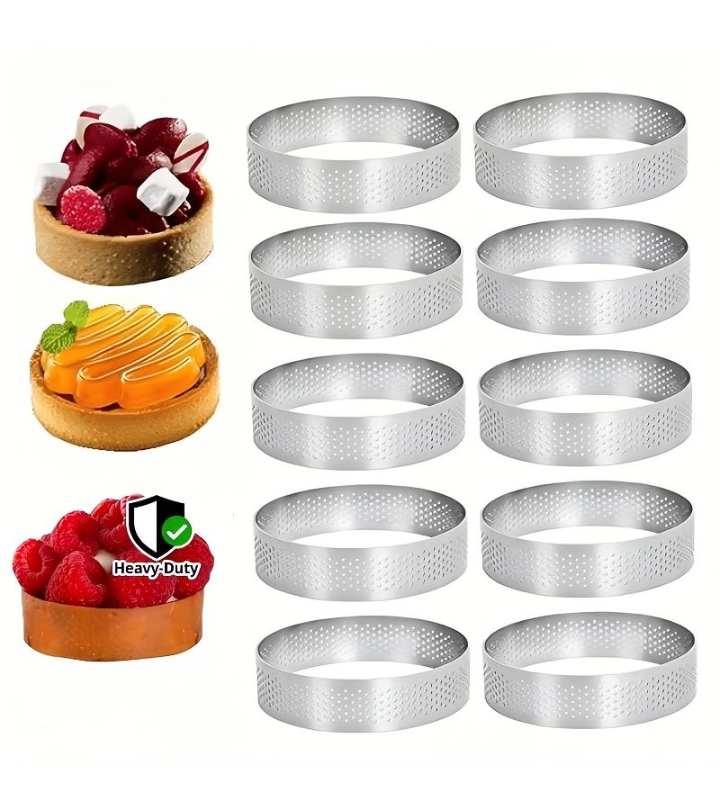 10pcs Stainless Steel Perforated Tart Rings Non Stick Round Pastry Molds Baking Mousse Cakes Shortbread,Fruit Tarts French Desserts Mini Cakes Heat Resistant Dishwasher Safe Diameter 1.97inch - Image 1