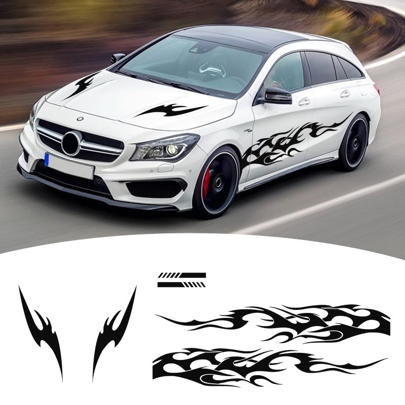 Bilisin 6Pcs Auto Flame Graphic Car Side Sticker Vinyl Racing Sport Stripes and Roof Hood Decals for All CarsBlack