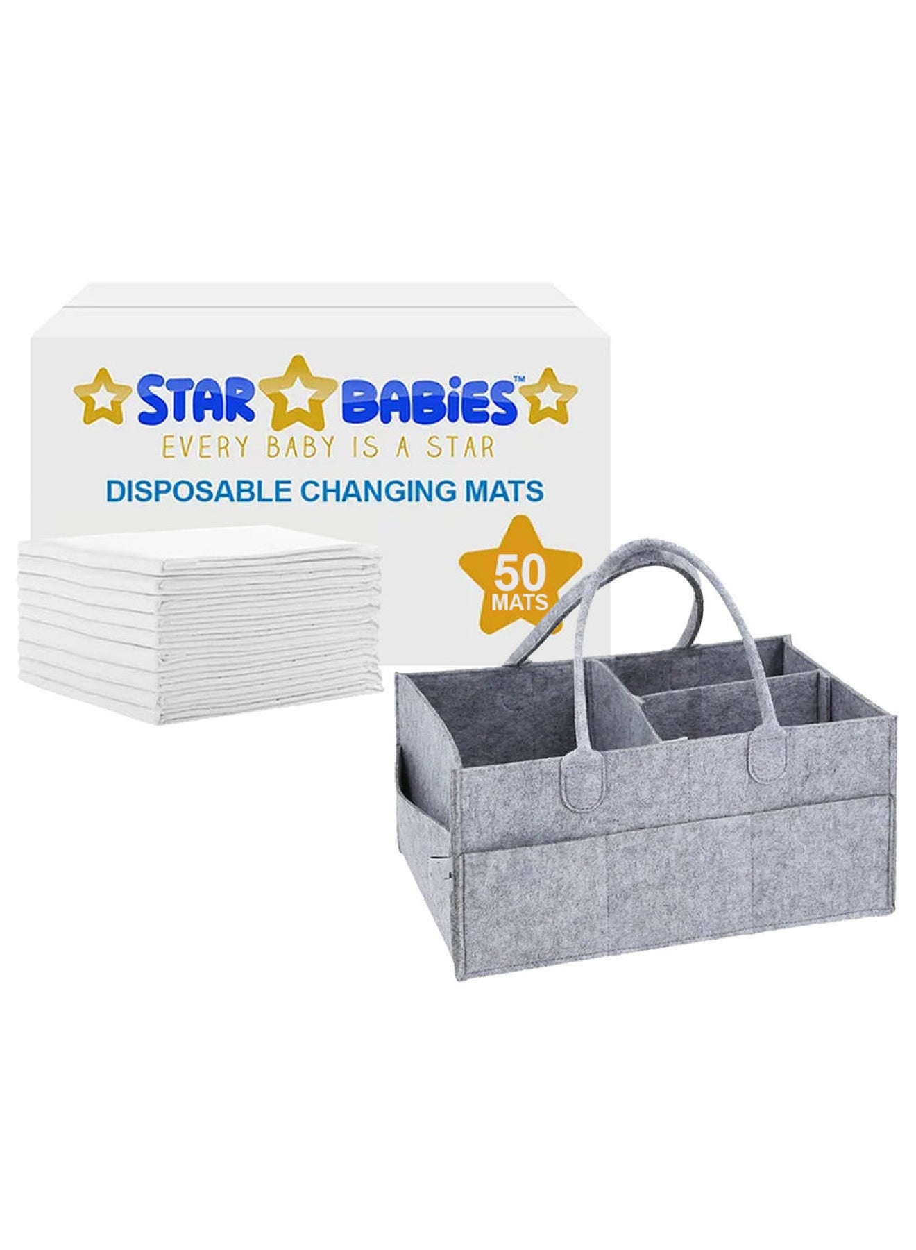 STAR BABiES Diaper Caddy Organizer With Disposable Changing Mat Pack Of 50 - Grey