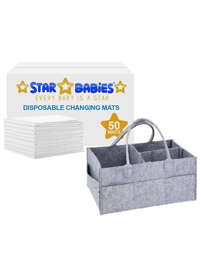 STAR BABiES Diaper Caddy Organizer With Disposable Changing Mat Pack Of 50 - Grey - Image 1