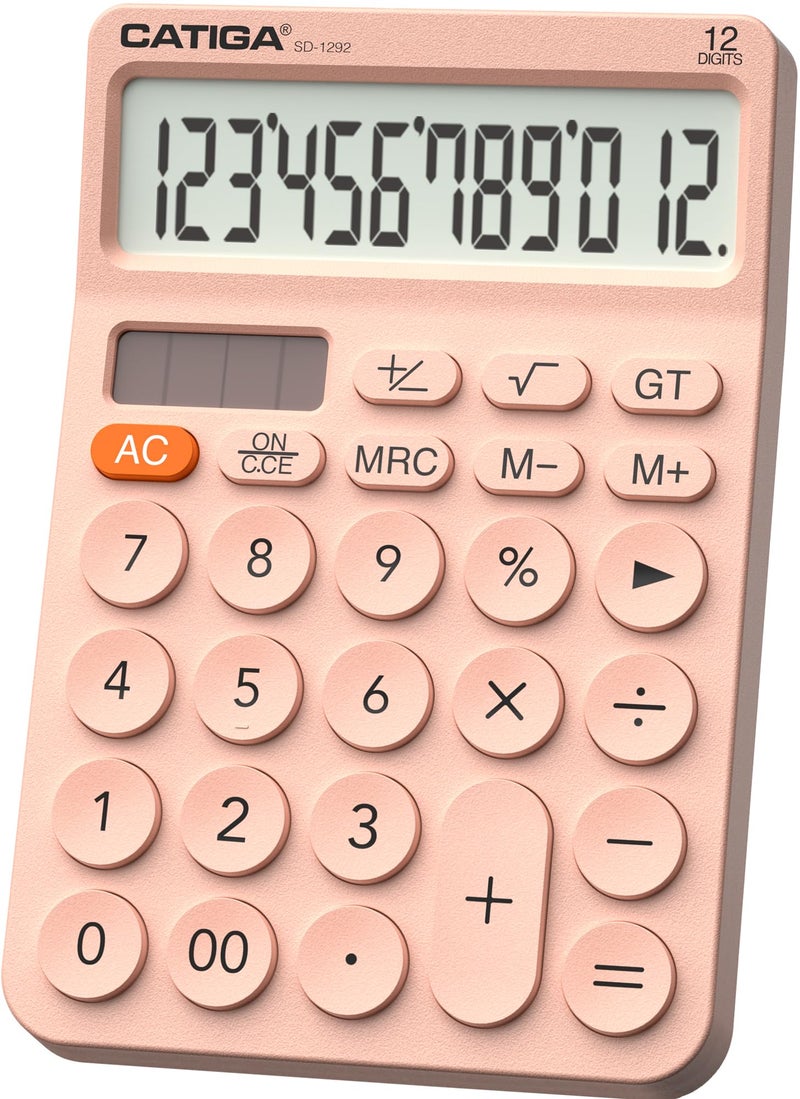 Catiga 12 Digit Desktop Calculator Basic Desk Calculator With Large Lcd Display  Big Buttons  4 Function  Solar And Battery Dual Power  For Office  School  Home  Sd-1292 Pink - Image 1