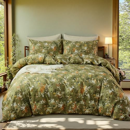 Cozaline 100% Cotton Duvet Cover Queen Size – Vintage Olive Green Floral Duvet Cover Set with Zipper Closure, 3-Piece Soft Breathable Natural Premium Cotton Bedding Set for All Seasons - Image 2