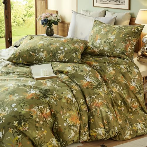Cozaline 100% Cotton Duvet Cover Queen Size – Vintage Olive Green Floral Duvet Cover Set with Zipper Closure, 3-Piece Soft Breathable Natural Premium Cotton Bedding Set for All Seasons - Image 1