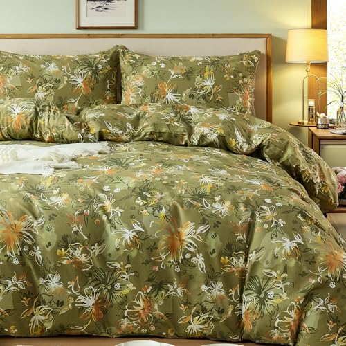 Cozaline 100% Cotton Duvet Cover Queen Size – Vintage Olive Green Floral Duvet Cover Set with Zipper Closure, 3-Piece Soft Breathable Natural Premium Cotton Bedding Set for All Seasons - Image 4
