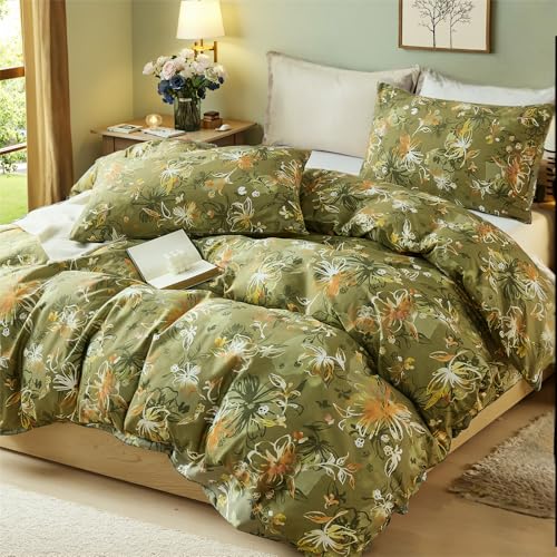 Cozaline 100% Cotton Duvet Cover Queen Size – Vintage Olive Green Floral Duvet Cover Set with Zipper Closure, 3-Piece Soft Breathable Natural Premium Cotton Bedding Set for All Seasons - Image 3