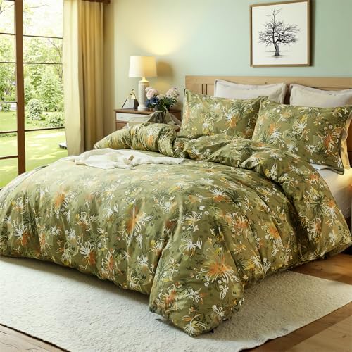 Cozaline 100% Cotton Duvet Cover Queen Size – Vintage Olive Green Floral Duvet Cover Set with Zipper Closure, 3-Piece Soft Breathable Natural Premium Cotton Bedding Set for All Seasons - Image 5