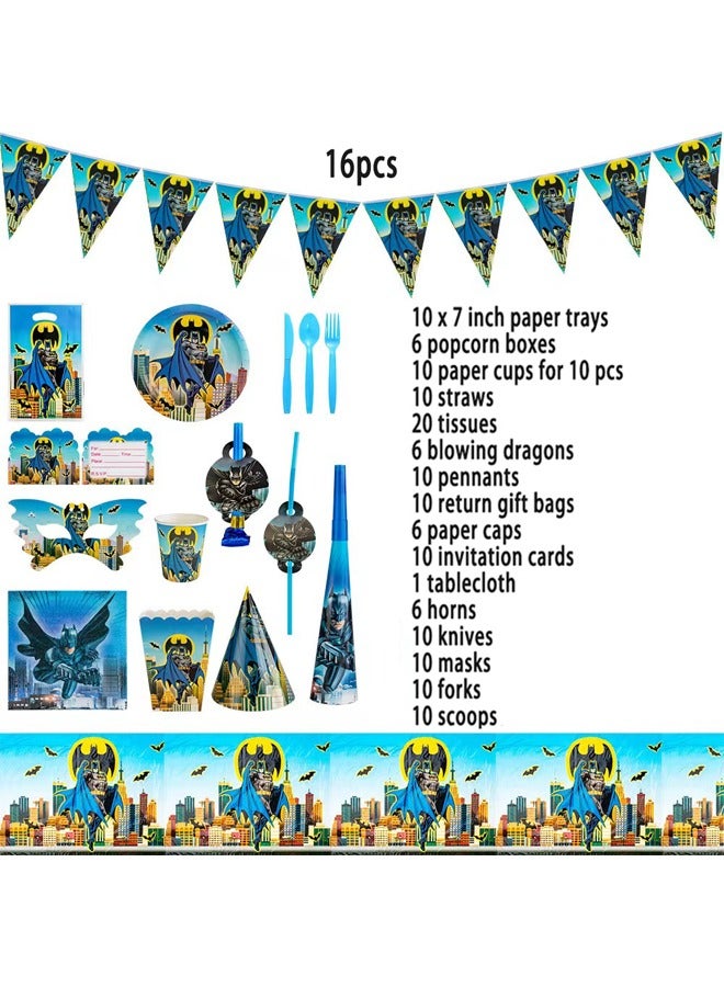 Zeemey Batman Theme Party Supplies for Kids,Batman Party Props Favor Table Decorations, Banner Paper Plates Napkins Cups Tablecloth Tableware Sports Set for 10 Guests,Party Decorations - Image 2