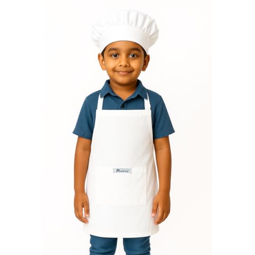 MAKSTILE Kids Apron with Chef Cap With Adjustable Neck Strap |Apron for Kids for Cooking, Baking, Painting & School Activities | Chef Apron for Girls & Boys | 3 to 6 Years | Size-50 x 37 cms (White) - Image 1