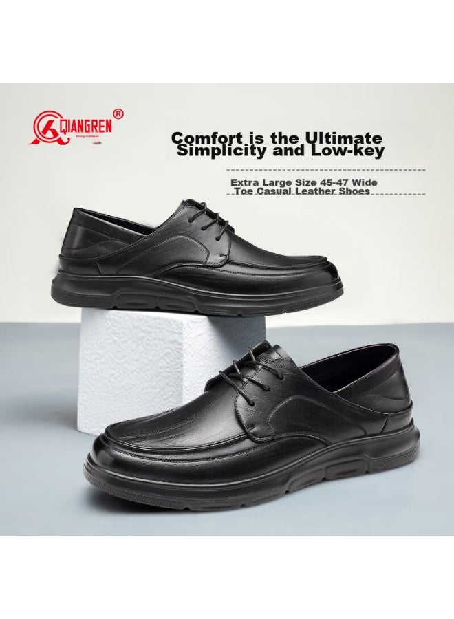 Strongman Qiangren Large Size Casual Leather Shoes, Breathable Cowhide Comfortable Lace-up Men's Shoes, Jda2387096, Black, Size 46 - Image 1