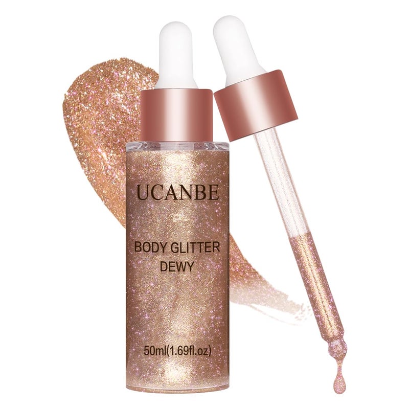 UCANBE Hydrating Body Glitter Dewy Highlighter Makeup Luminizer Drops Body Shimmer Liquid Face Glow Sparkles for Women Gifts Rose Gold  03