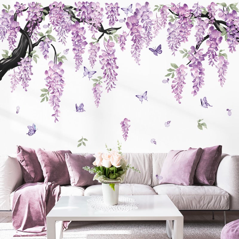 wondever Large Flower Tree Branch Wall Stickers Purple Hanging Vine Floral Butterflies Peel and Stick Wall Art Decals for Living Room Bedroom TV Wall - Image 1