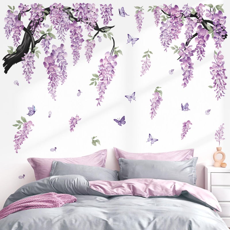 wondever Large Flower Tree Branch Wall Stickers Purple Hanging Vine Floral Butterflies Peel and Stick Wall Art Decals for Living Room Bedroom TV Wall - Image 2