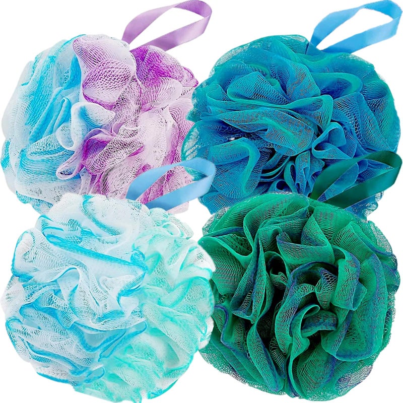 Fu Store Loofah Sponge Shower Loofahs 60g Bath Sponges Mesh Balls 4 Colors for Body Scrubber Exfoliator Wash Back Scrubbers Bathroom Men Women - 4 Pack Cleaning Bathing Accessories (60g Green Blue) - Image 1