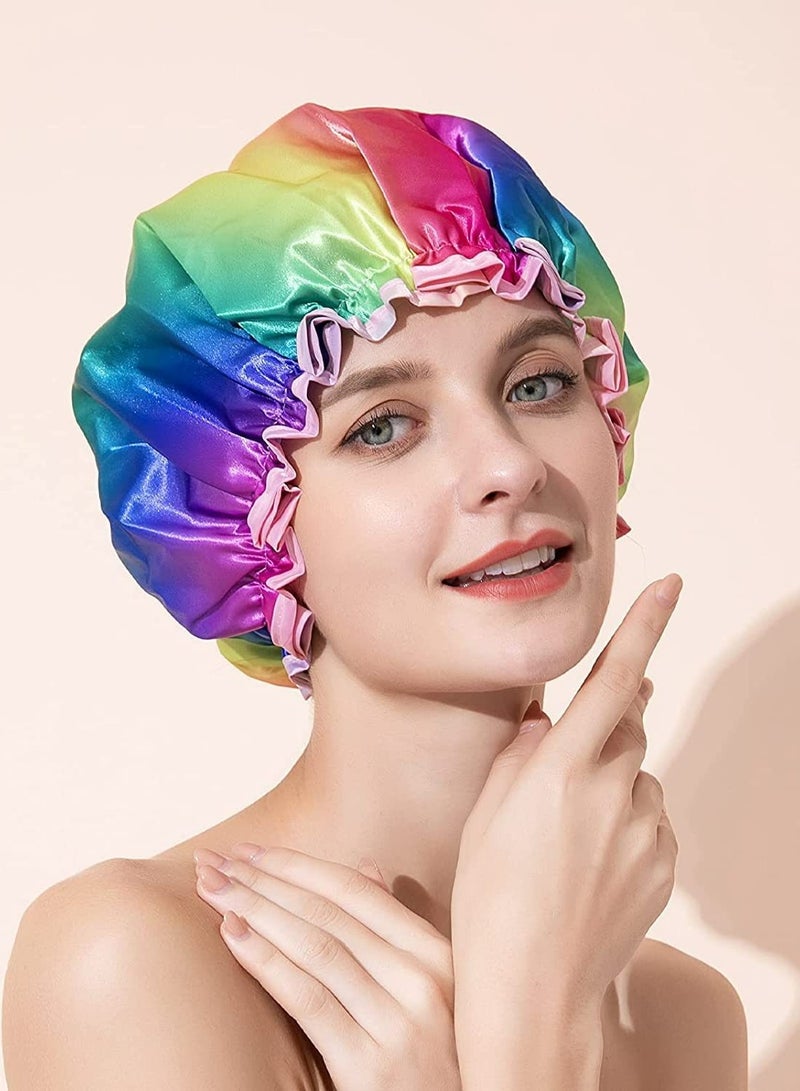 Women Shower Cap for Long Hair,Double Layer Waterproof, Reusable, Washable Shower Cap（rainbow） - Image 1