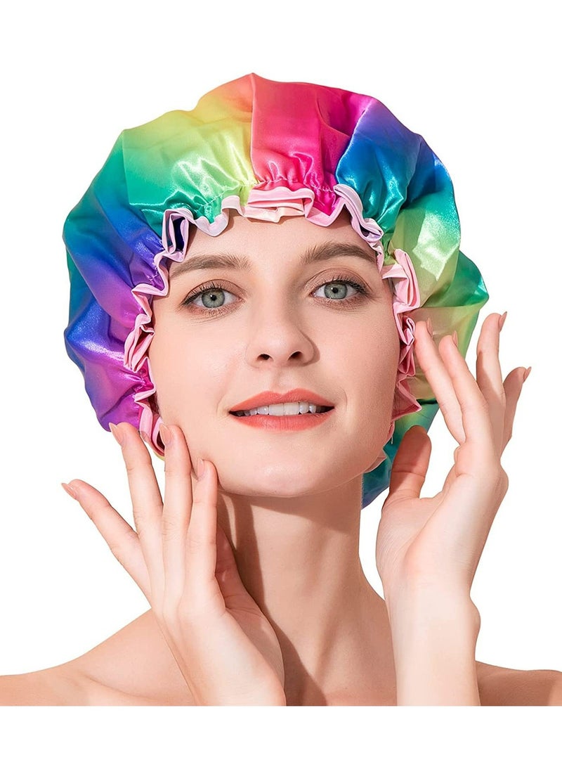 Women Shower Cap for Long Hair,Double Layer Waterproof, Reusable, Washable Shower Cap（rainbow） - Image 2