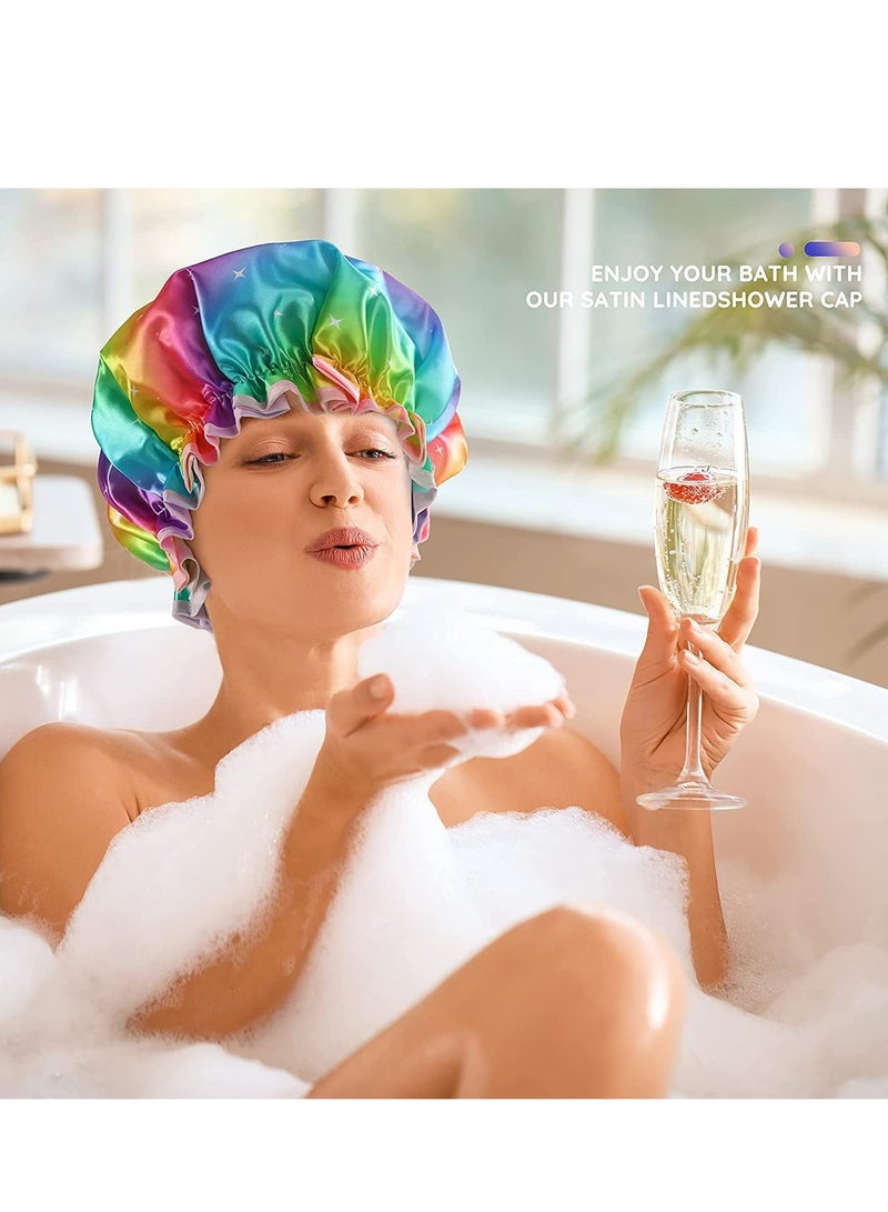 Women Shower Cap for Long Hair,Double Layer Waterproof, Reusable, Washable Shower Cap（rainbow） - Image 3