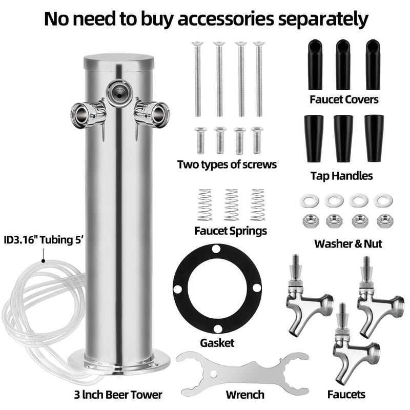 TMCRAFT برج توزيع البيرة ثلاثي الصنابير من TMCRAFT، مجموعة برج بيرة من الفولاذ المقاوم للصدأ المصقول مع أنابيب مُجمعة مسبقًا وصنابير ذات إغلاق ذاتي للحفلات، الحانات، الحانات، والمطاعم - Image 3