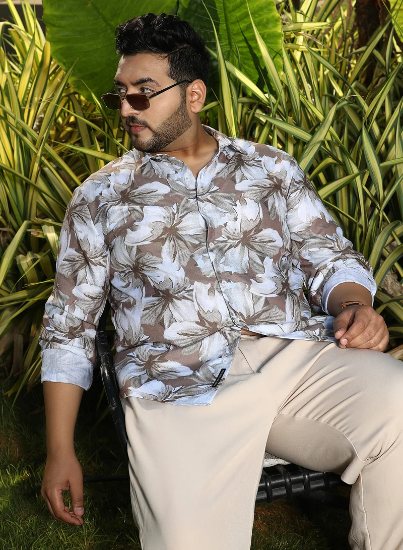 انستافاب بلس Instafab Plus Men's Mocha Brown & Moon Grey Floral-Overlap Shirt For Casual Wear | Spread Collar | Long Cuffed Sleeves | Button Closure | Plus Size Shirt Crafted With Comfort Fit For Everyday Wear