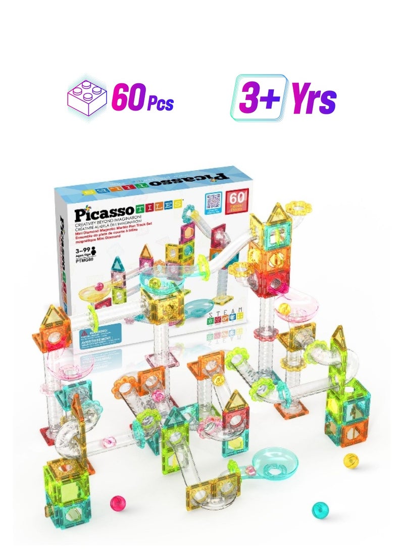 PicassoTiles PicassoTiles 60pc Magnetic Tiles Marble Run Travel Size Construction Playset (60 Pieces)  - Image 1