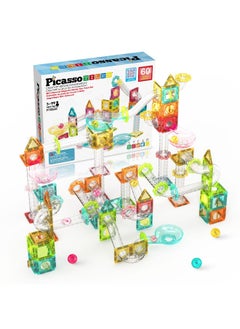 PicassoTiles PicassoTiles 60pc Magnetic Tiles Marble Run Travel Size Construction Playset (60 Pieces)  - Image 1