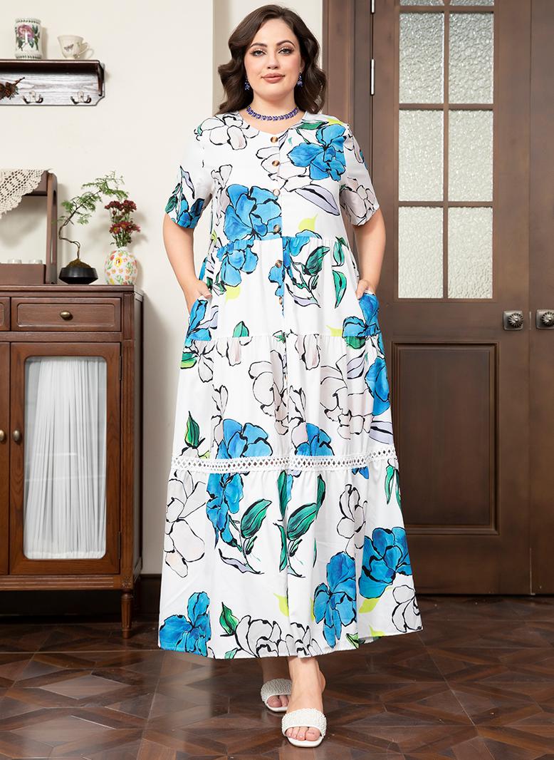 فرايديين انيق طوق على شكل V زهري جيب كم منتظم فساتين حجم إضافي ازرق - Image 5