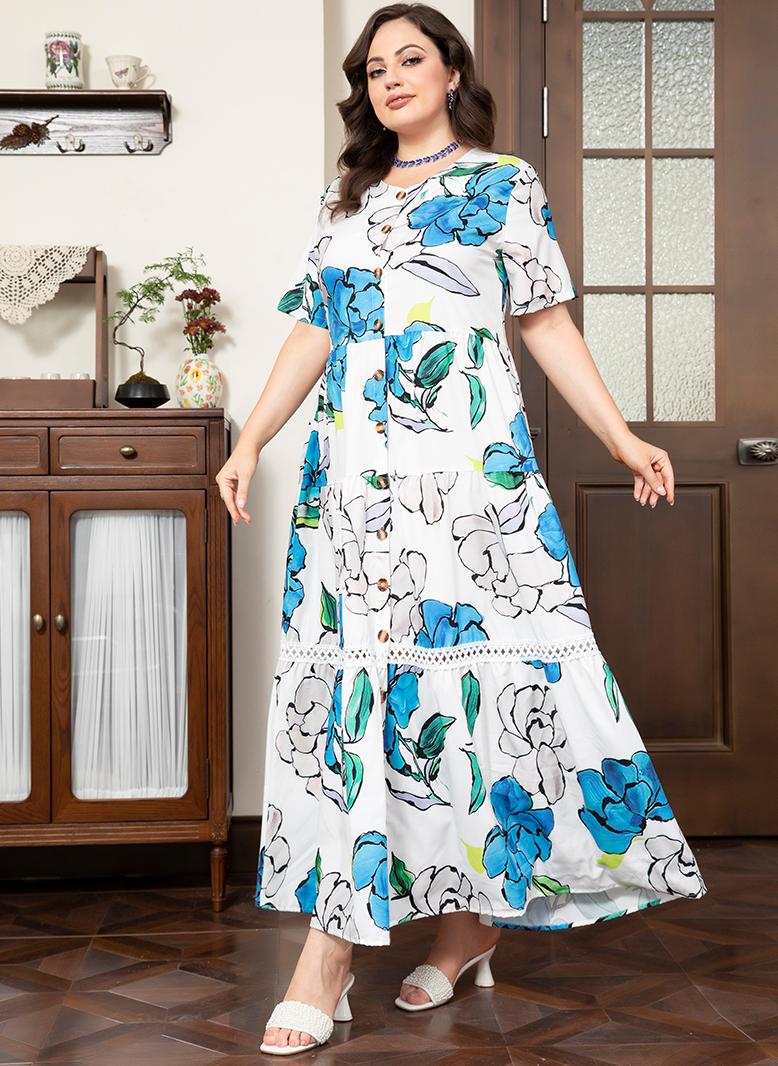 فرايديين انيق طوق على شكل V زهري جيب كم منتظم فساتين حجم إضافي ازرق - Image 4