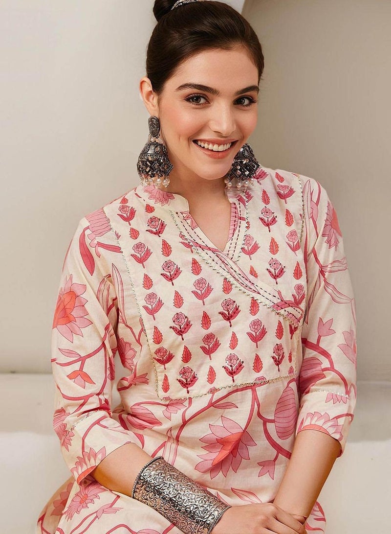 ISHIN Women's Off White 100% Cotton Embellished Tunic Full Length Palazzo Straight Fit Kurta Set - Image 5