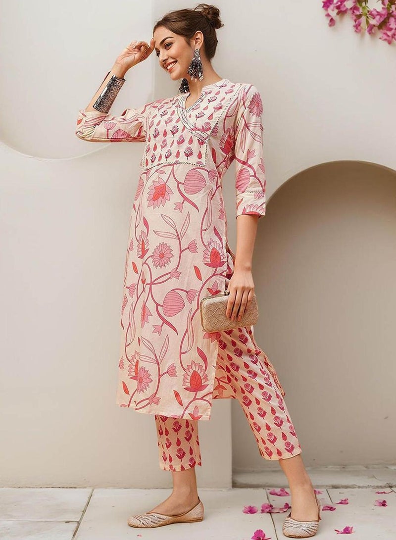 ISHIN Women's Off White 100% Cotton Embellished Tunic Full Length Palazzo Straight Fit Kurta Set - Image 2