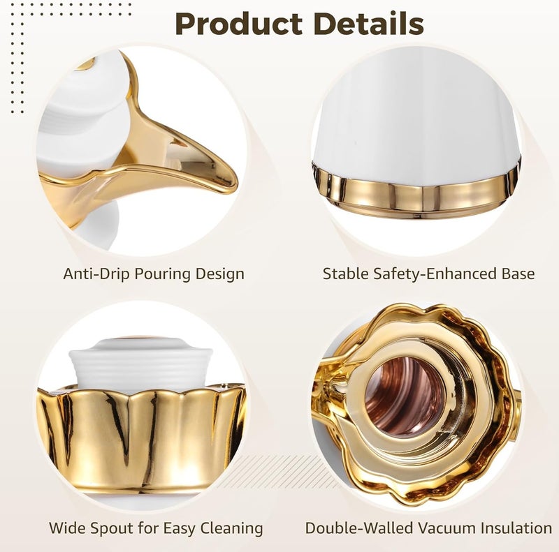 Arabic-Style Coffee Pot, 33.82 Fl Oz Thermal Carafe, Insulated Vacuum Flask with Double-Walled Insulation, Wide Mouth, No Drip, White & Gold, Housewarming Ornaments - Image 2