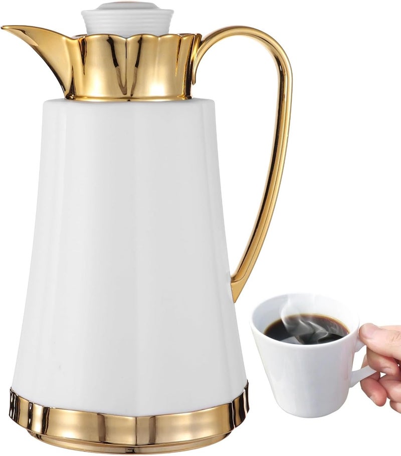 Arabic-Style Coffee Pot, 33.82 Fl Oz Thermal Carafe, Insulated Vacuum Flask with Double-Walled Insulation, Wide Mouth, No Drip, White & Gold, Housewarming Ornaments - Image 1