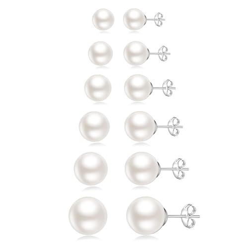 Senteria 925 Sterling Silver Pearl Earrings Studs Set Hypoallergenic Small Stud Earrings Lightweight Shiny Earrings Studs for Women 6 Pairs 3-10MM - Image 1