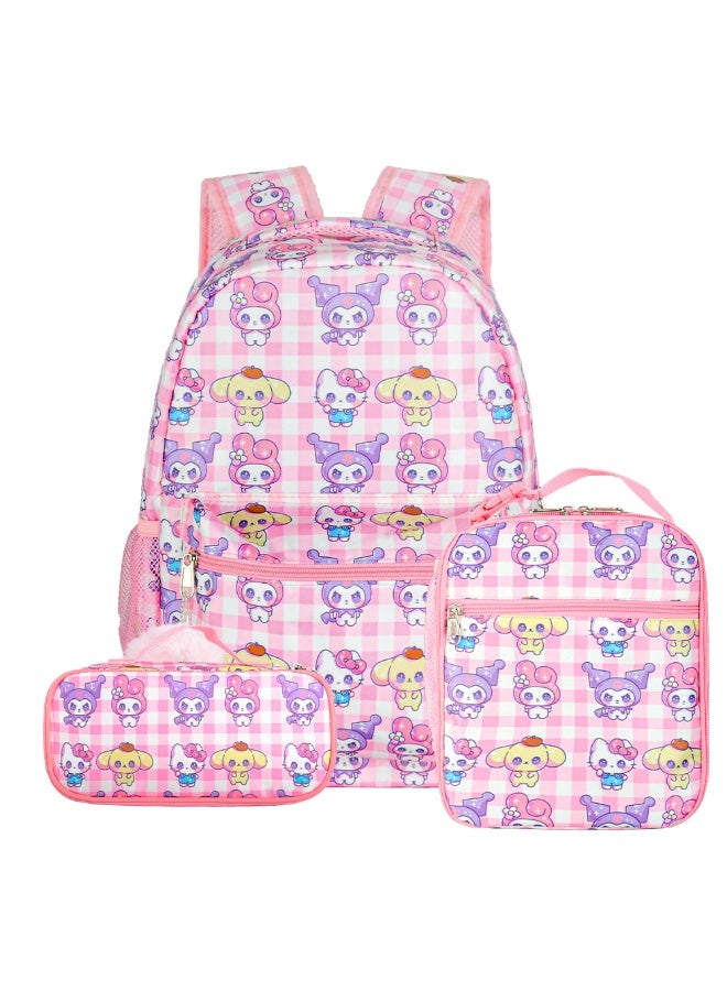 General New cartoon animation pink three-piece backpack (available for primary and secondary school children, travel, school, mountain climbing, sports) - 4  - Image 1