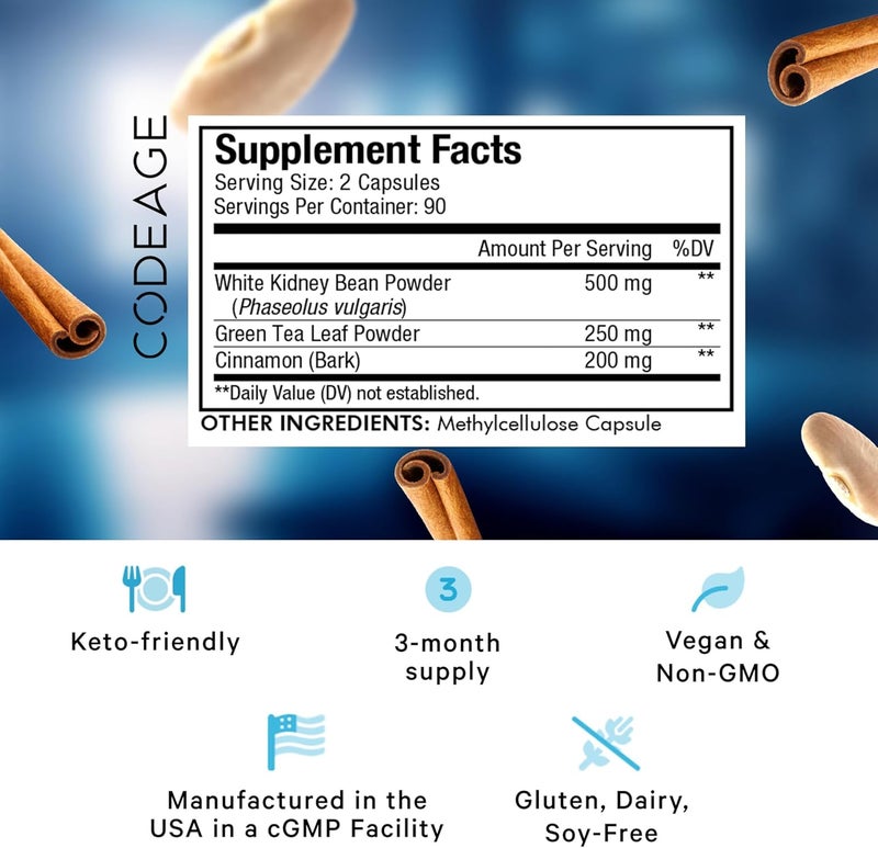 Codeage Keto Carb White Kidney Bean Green Tea  Cinnamon Bark Supplement Triple Action Keto Cheat Vegan Pills Ketogenic Low Carb Diet Sugar 3 Months Supply NonGMO GlutenFree 180 Capsules - Image 2