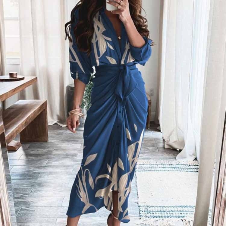 2026 Women's V-Neck Tie Print Dress with Long Sleeves - Image 2