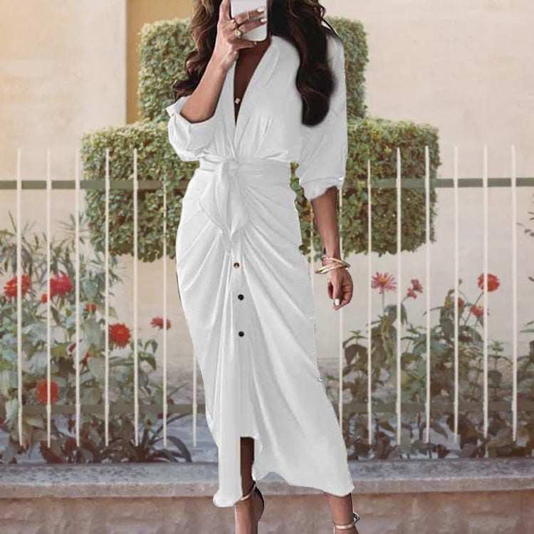 2026 Women's V-Neck Tie Print Dress with Long Sleeves - Image 4